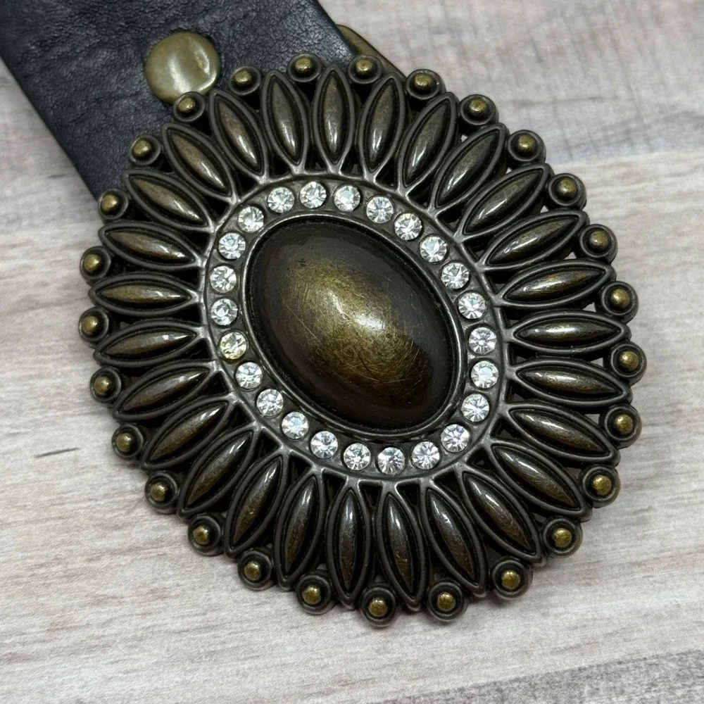Vtg Amanda Smith Black Leather Belt Statement Rhinestone Buckle Rustic Western M